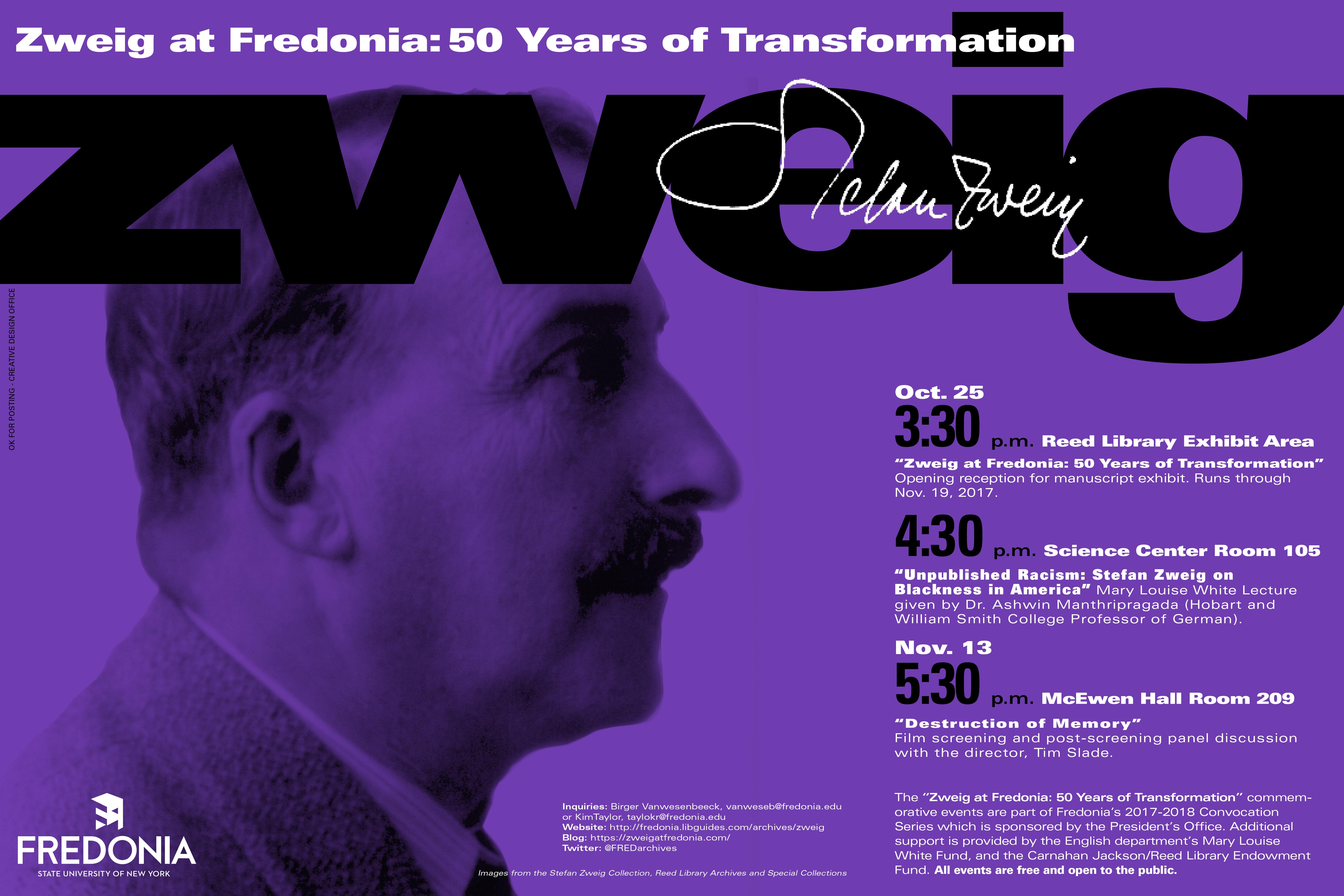 Zweig at 50 Poster, including notice of MLW Lecture by Ashwin Manthripragada, Oct. 25, 2017, 4:30-5:30 p.m., Science Center 105, Kelley Family Auditorium.