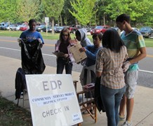 September 2012 - Students get their gloves and bags and directions about where to go in the woods to pick up litter.