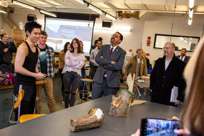 SUNY Chancellor John B. King Jr. with students in SUNY Fredonia Sculpture Studio