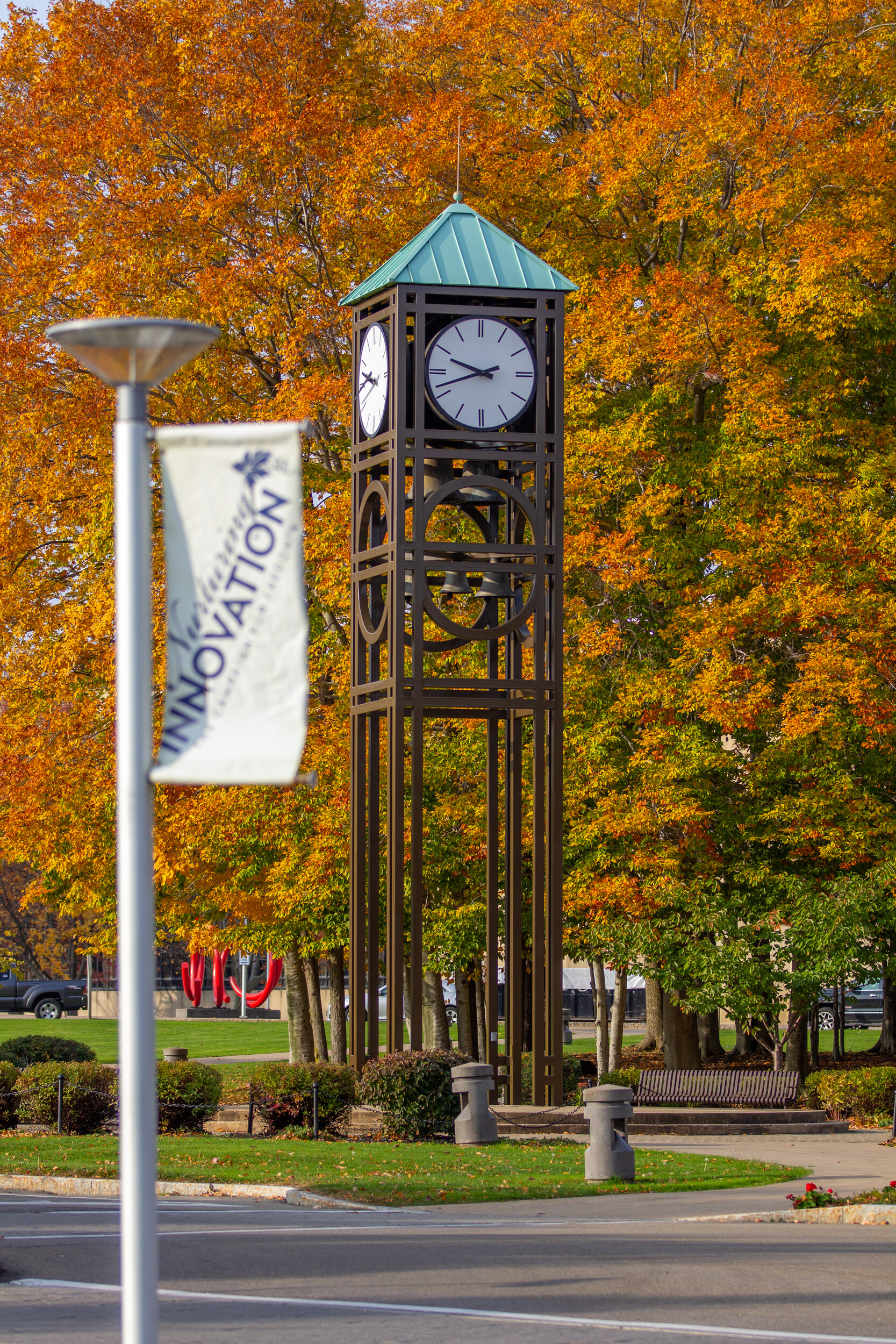Fall Campus scene featuring the iconic clock tower 