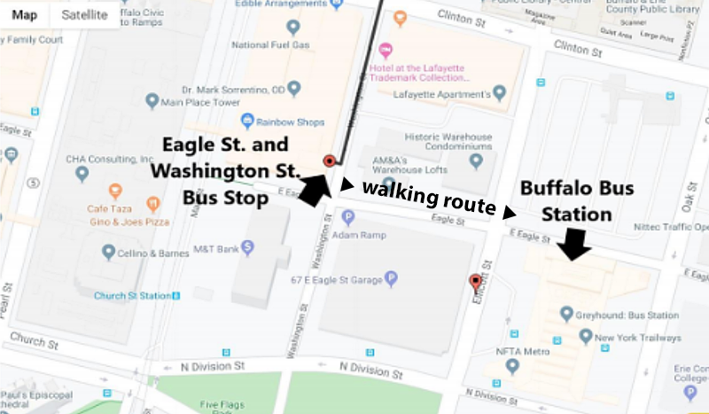 Map to transfer from Buffalo City Bus to main Bus Terminal for Coach USA to SUNY Fredonia