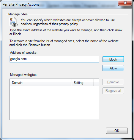 IE Per Site Privacy Actions Allow