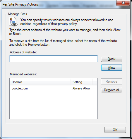 IE Per Site Privacy Actions Managed