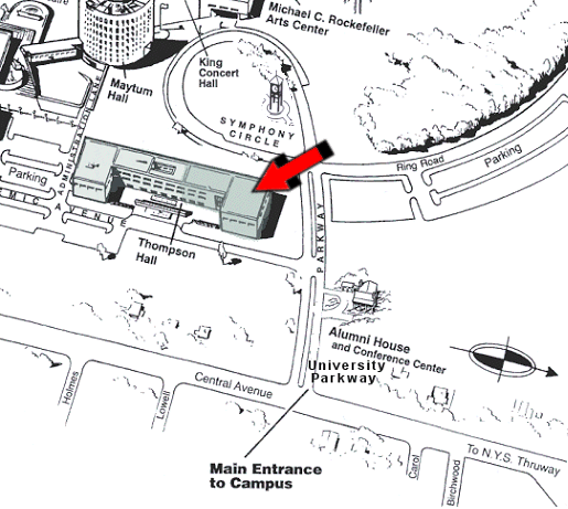 Campus map highlighting Thompson Hall, location of the Department of Communication Disorders and Sciences