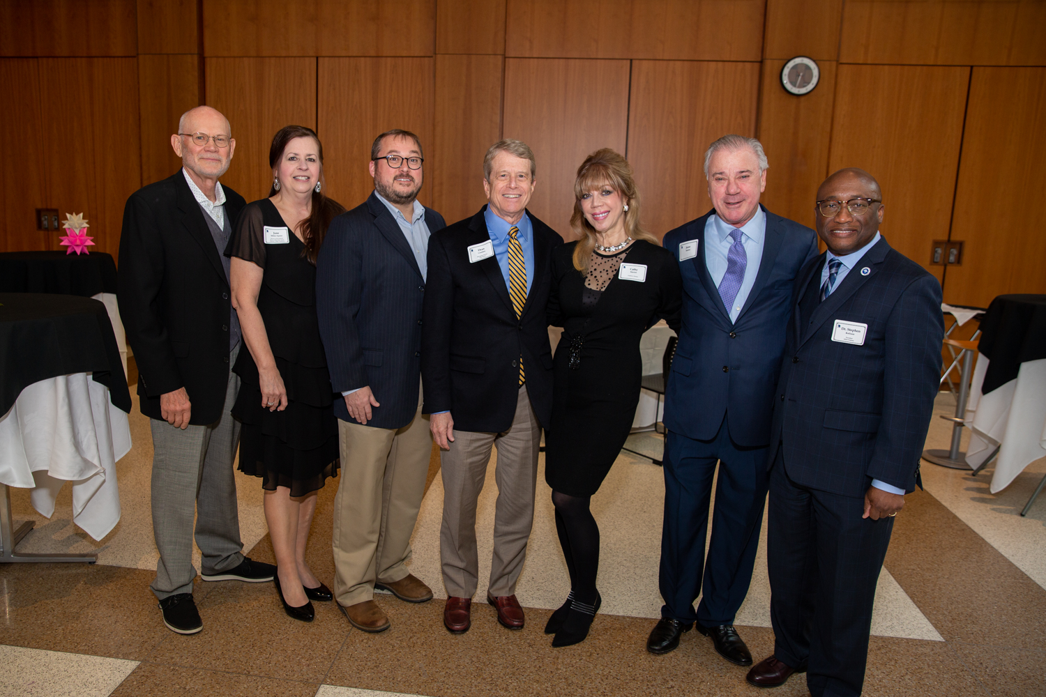 From L-R: Marty W. Merkley, President, Kay Hardesty Logan Foundation, Alexandria, VA; June Miller-Spann, Liaison for the Fredonia Foundation;  William Belcher , President, Ucross Foundation, Clearmont, WY; Dean Gladden, Managing Director, Alley Theatre, Houston, TX; Cathy and Jesse Marion; SUNY Fredonia President Dr. Stephen H. Kolison.