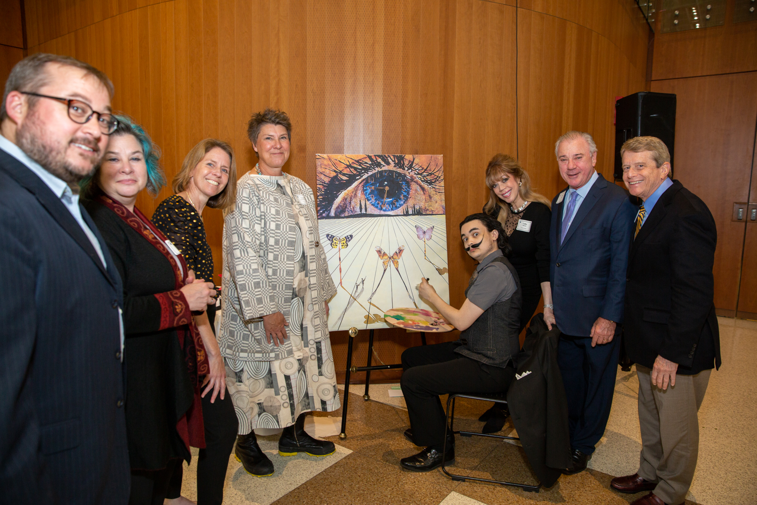 From a recent reception for the Marions on the SUNY Fredonia campus: William Belcher, President, Ucross Foundation, Clearmont, WY; Past Fellow Liz Lee; Current Fellow Sarah McKenzie; Past Fellow Teresa Booth-Brown; Corvin Bass as "Dali"; Benefactors Cathy and Jesse Marion; Dean Gladden, Managing Director, Alley Theatre, Houston, TX.