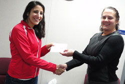 Hannah Catalano receives gift certificate from Judy Langworthy
