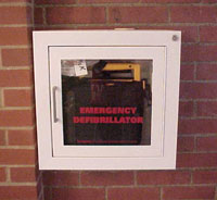 Photo of an AED installed in a building.