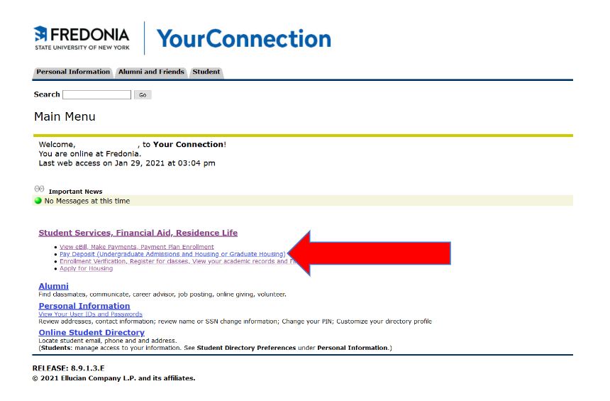 Screenshot of YourConnection page for housing deposit instructions