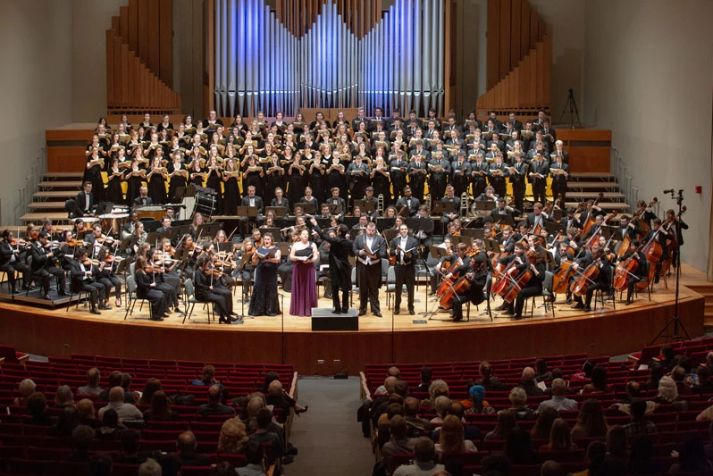 choir and orchestra in King Concert Hall