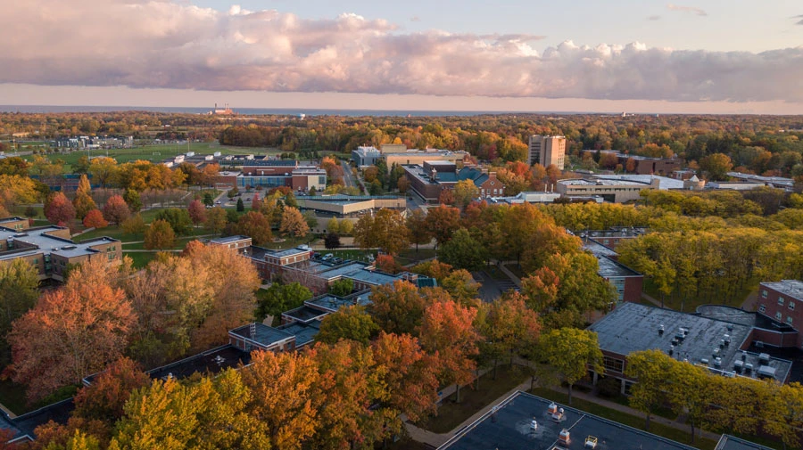aerial shot of campus in the fall