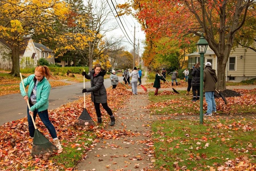 students raking leaves