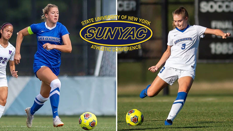 All-SUNYAC selections Lauren Cullinan, left, and Izzy Audette (photo by Ron Szot).