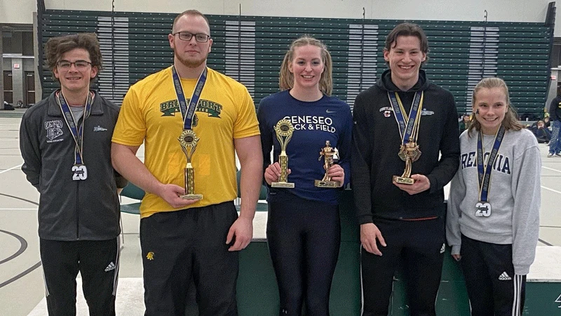 Fredonia State sophomore Emily Fish is pictured with the top athletes from last weekend's SUNYAC indoor championship