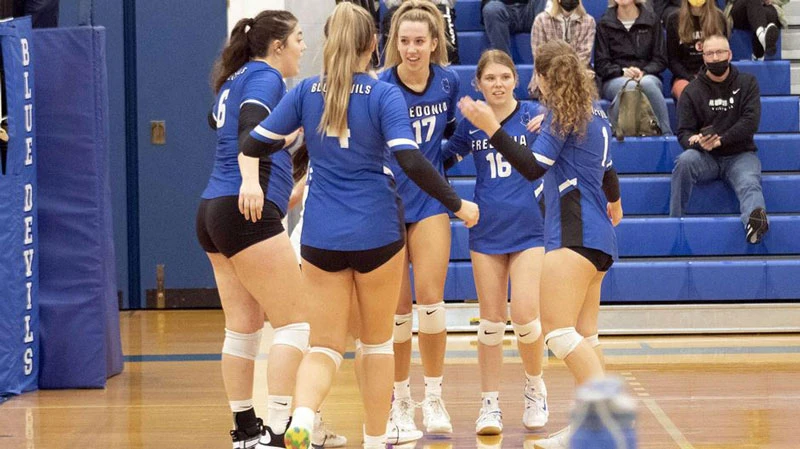 Fredonia volleyball players on court