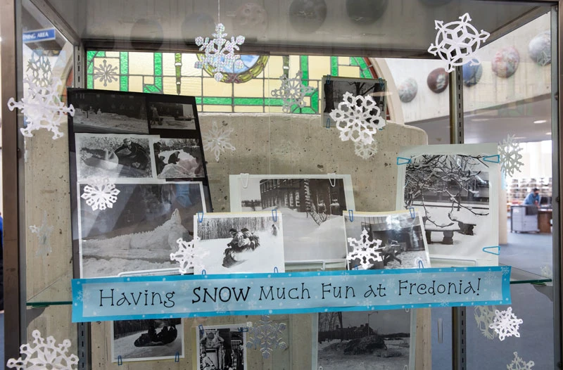 photo of library exhibit on winter at Fredonia