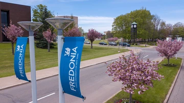 campus entrance with banners