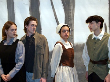 Cast members including Micaela LaBarbera as Elizabeth Proctor, Matthew Neary as John Proctor, Harlequinn Selegean as Abigail Williams and Ryan Okun as John Brown.