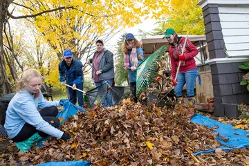 students raking leaves in the community, Public Relations major, Communications major