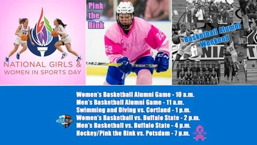 poster advertising events for February 4, Pink the Rink, ice hockey, basketball, swimming and diving