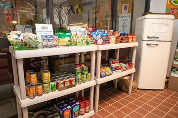 The well-stocked food pantry, located in LoGrasso Hall, the student health center.