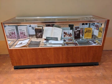 memorabilia in a display case, Reed Library