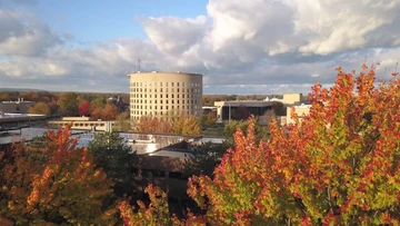 campus photo with fall leaves