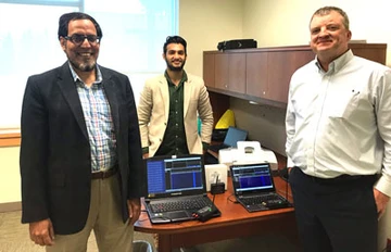 Dr. Junaid Zubairi (left), with Inderdeep Singh Bajwa (center) and Fredonia Technology Incubator Director Chuck Cornell