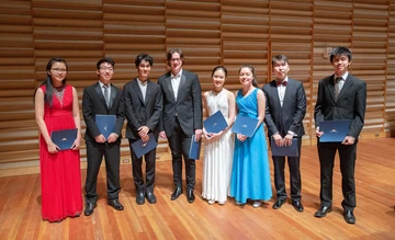 Lucas Amory, winner of the Sorel competition, with other prize winners, in Rosch Recital Hall.