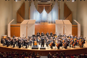 The College Symphony Orchestra performs with guest cellist Zuill Bailey in King Concert Hall.