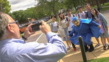 students meet Fredonia's Blue Devil mascot and have their photo taken