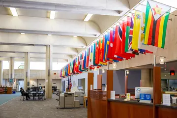 Flags from many countries outside the Reed library entrance