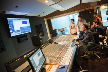 Fredonia students in the sound recording technology studio, one of the best music schools in the US