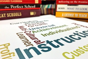 books in front of a word cloud. 