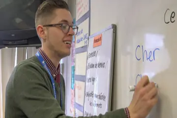 French teacher majors in new york, french teacher degree, french teaching, french teacher colleges in new york, teacher certification. A Fredonia student teaches french in a local school district French teaching, French teacher certification, French teacher degree