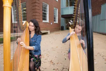 School of Music Graduate music performance majors rehearsing on harp, masters in music performance, music masters, music masters degree 