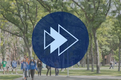Students crossing campus through the Science Grove with an icon of arrows pointing forward.