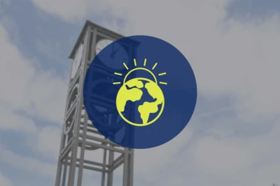 SUNY Fredonia clocktower and blue sky with icon of the sunrise.