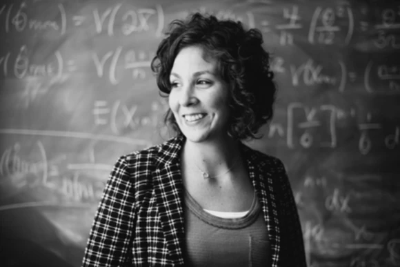 student in front of chalkboard