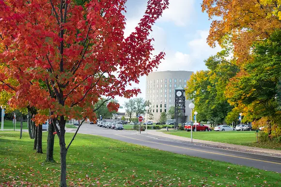 A view of the Fredonia campus in the fall, looking at Maytum Hall. 