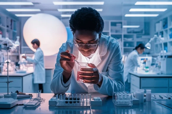 medical researcher in a lab. molecular genetics jobs like pharmaceutical research can be extremely rewarding. 
