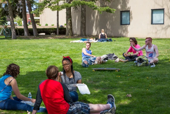 students on the lawn.