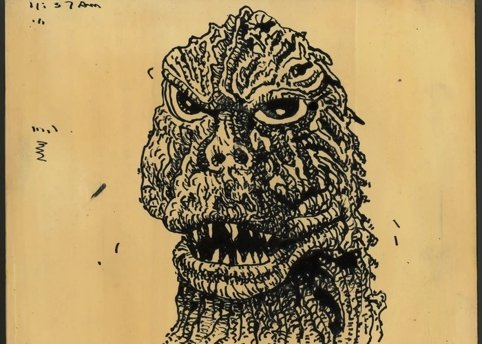 Drawing of an classic version of Godzilla on beige background