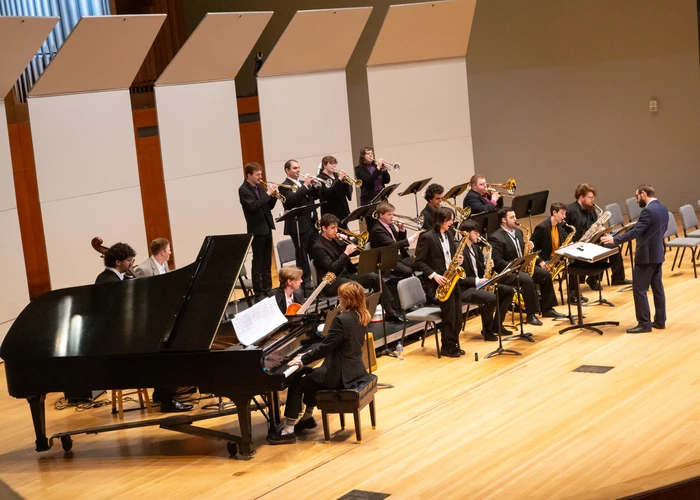 Jazz performance at Fredonia with many students playing, jazz studies