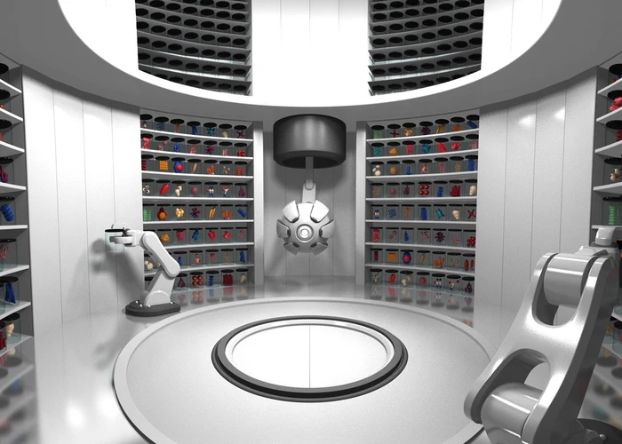 Still of animation showing the storage of artificial food in a futuristic vault with robotic arms