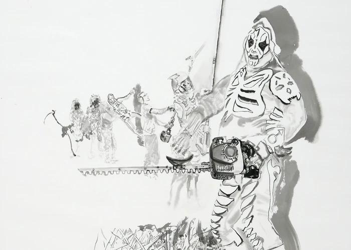Ink drawing of figure in skeleton costume holding chain saw  with small figures balanced on blade