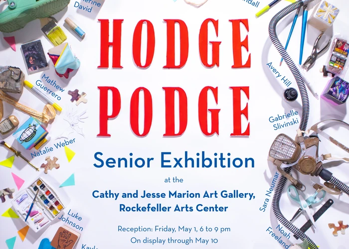 Hodge Podge of things - artwork, tools, clothing - associated with the 18 student artists in the exhibition. 