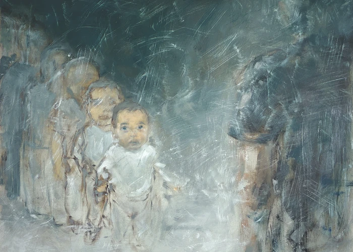 Portrait of toddler and father Samuel in blue tones by Mathew Guerrero