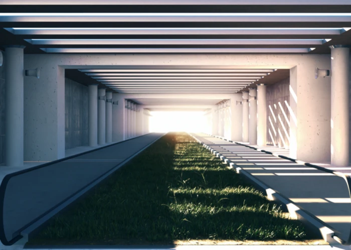 Still from animated short film "The Untranslatable Forest" of an empty airport reclaimed by nature