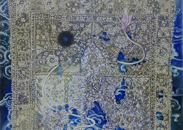 painting of carpet with holes, flower on top, and stylized blue sky with clouds